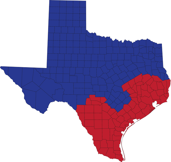Map of Texas split into regions by representative. Top (Blue) section represented by Kyle Warren. Bottom (Red) section represented by John Waymire.