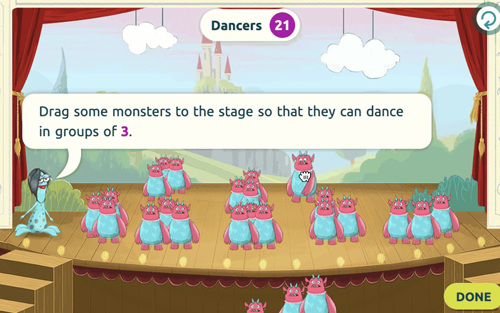 Screenshot of a matific game with cute monsters.