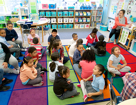 Students participating in a read-aloud or shared reading lesson