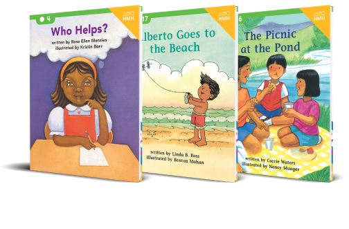 Book covers for Who Helps?, Alberto Goes to the Beach, and The Picnic at the Pond.